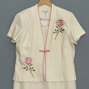 VTG Miss Dorby Womens Dress Suit 12P Ivory Linen Blend Rose Embroidered 2pc 90s